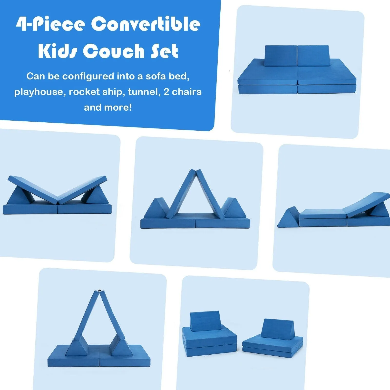 4-Piece Convertible Kids Couch Set with 2 Folding Mats and 2 Triangular Pillows - Blue