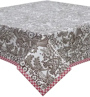 48 x 102 Toile Brown Oilcloth Tablecloth with Pink Gingham Trim