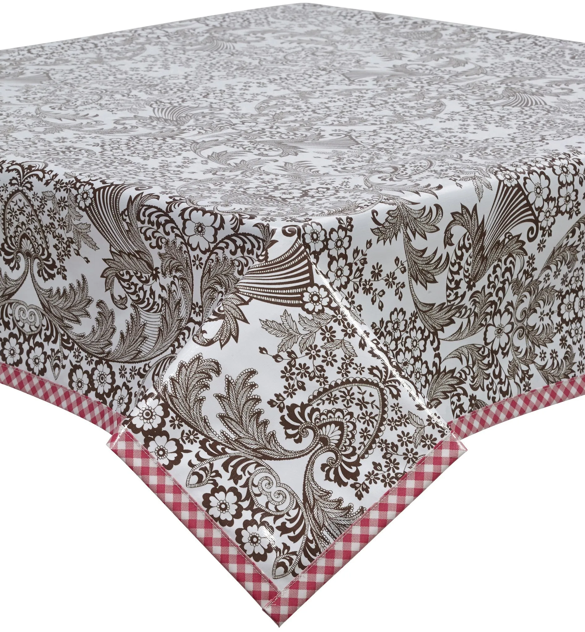 48 x 102 Toile Brown Oilcloth Tablecloth with Pink Gingham Trim