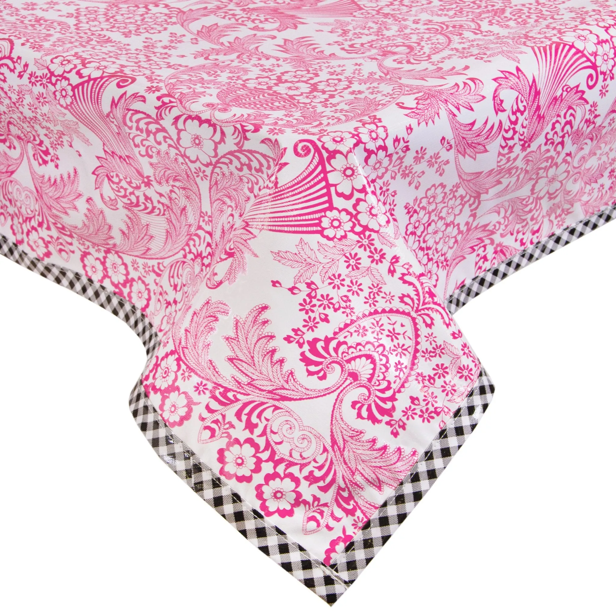 48 x 48 Toile Pink with Lime Gingham Trim Oilcloth Tablecloth