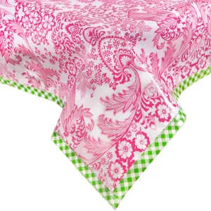 48 x 48 Toile Pink with Lime Gingham Trim Oilcloth Tablecloth