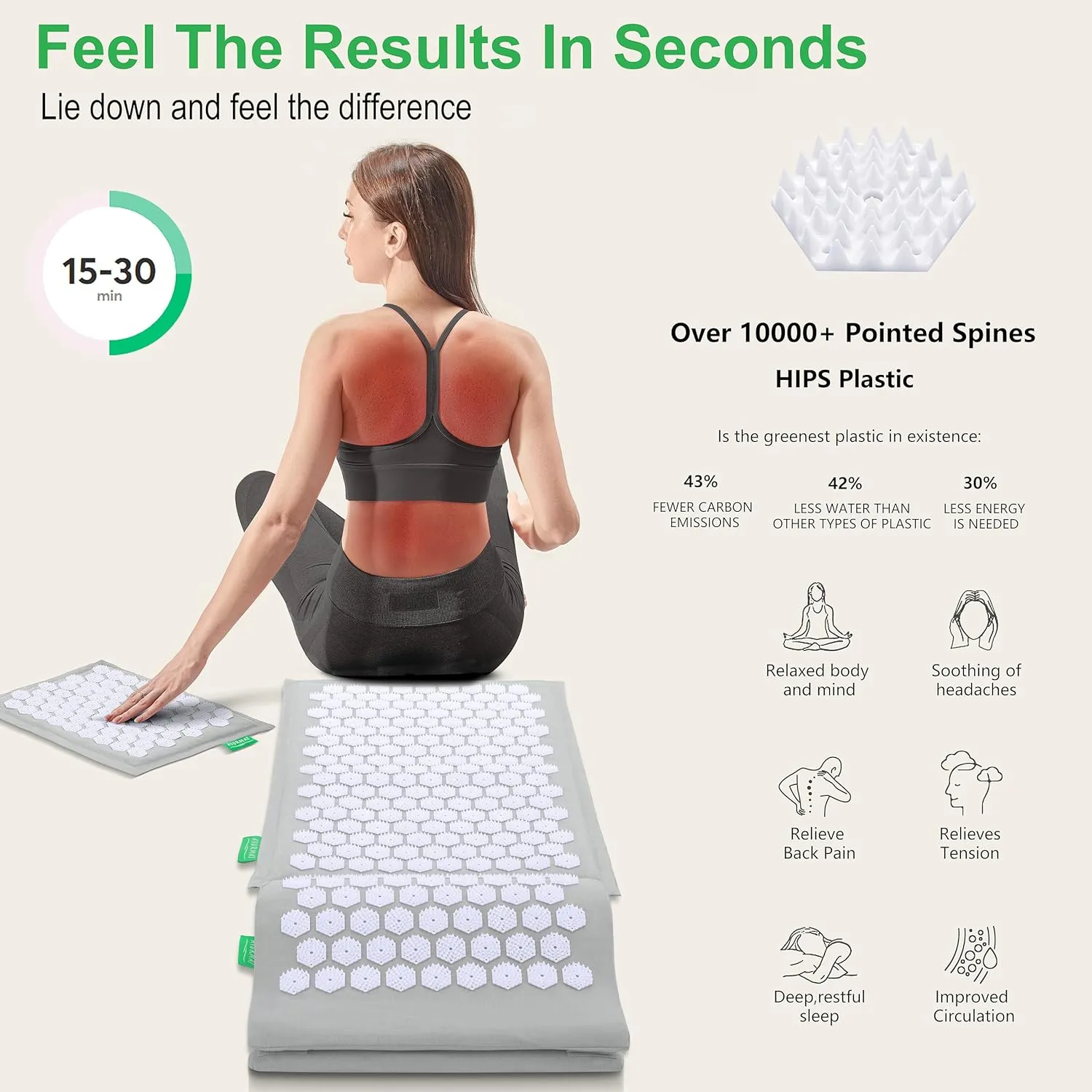 Acupressure Mat and Pillow Set, Natural Eco-Friendly Linen & Coconut Fiber,Ergonomic Design, Relieves Stress & Tension,with Carrying Bag