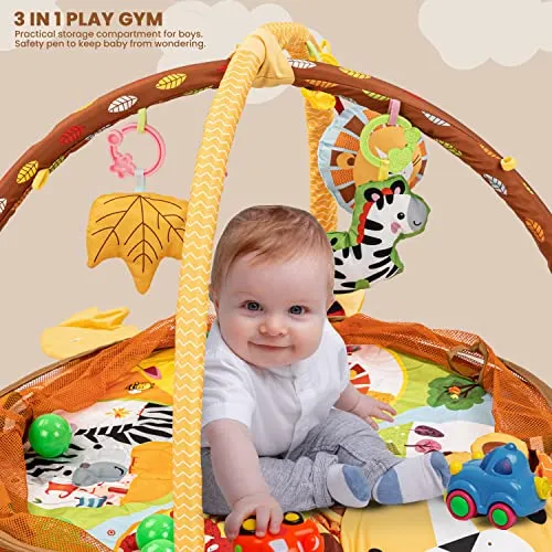 Baybee 3 in 1 Play Gym Mat for Babies, Baby Sit & Playing Ball Pit Activity with 4 Hanging Toys & 30 Balls | Baby Playing Crawl Mat for New Born, Kick Play Mat for Babies 0 to 12 Months Boy Girl