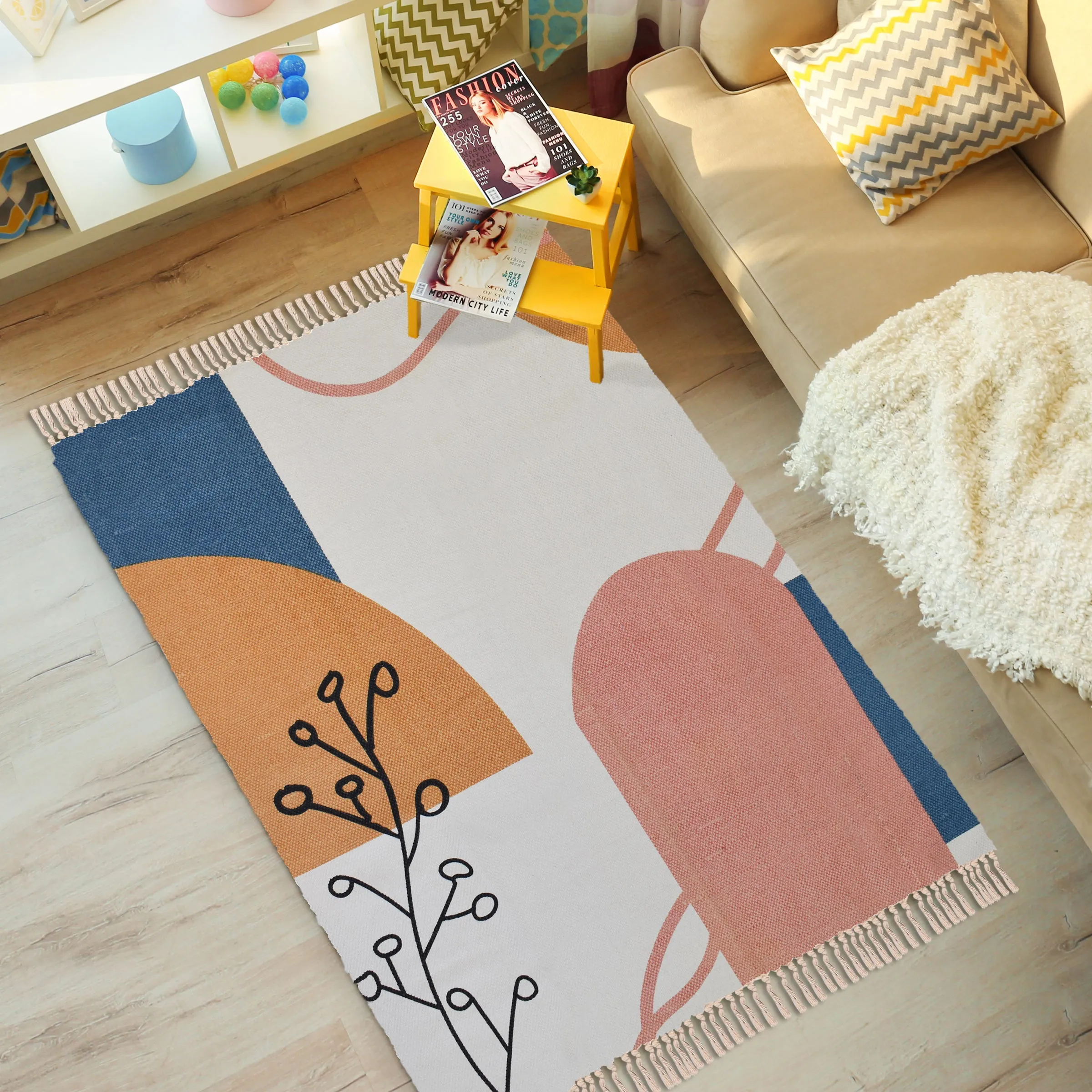 Boho Natural Cotton Area Rug/Dhurrie/Floor Carpet, Printed Rugs for Living Room with Tassels - (CPRUGS_011)