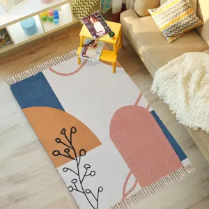 Boho Natural Cotton Area Rug/Dhurrie/Floor Carpet, Printed Rugs for Living Room with Tassels - (CPRUGS_011)