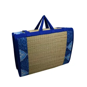 Craft Of India Foldable korai Grass Mat 4X6 ft with 30MM Soft Foam Hand Made Fabric Blue Cotton