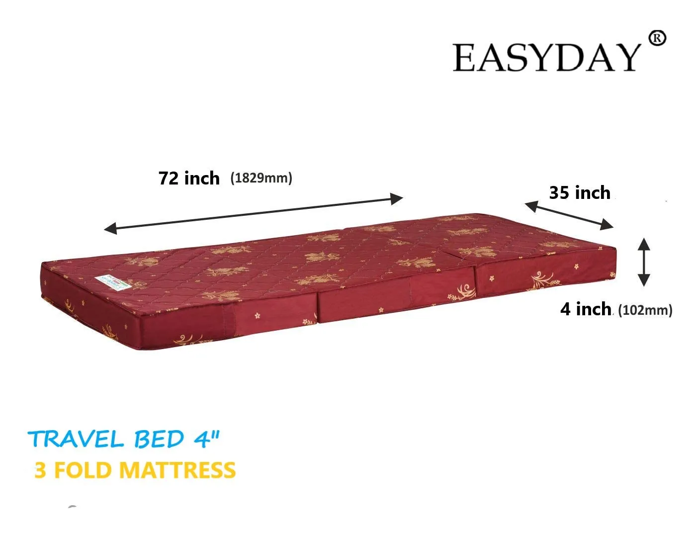 EASYDAY Travel Bed 3-Fold 4-inch PU Foam Single Bed Orthopedic Folding Mattress (72x35x4)| ISO Certified Company | Lightweight and Portable Mattress