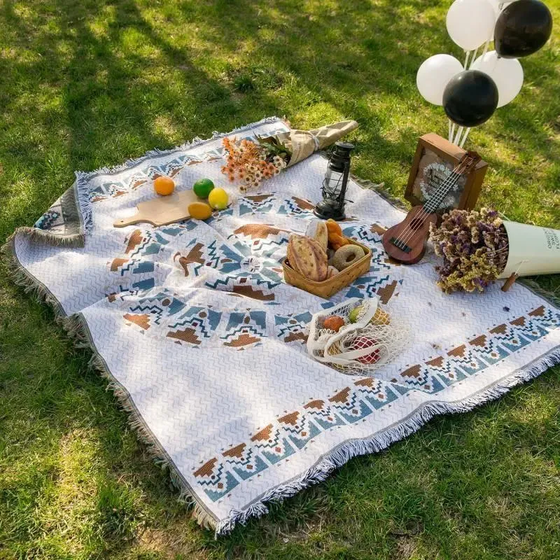 Ethnic Bohemian Striped Plaid Beach Picnic Blanket with Tassels - Versatile Outdoor Camping, Bed, Sofa, and Travel Rug