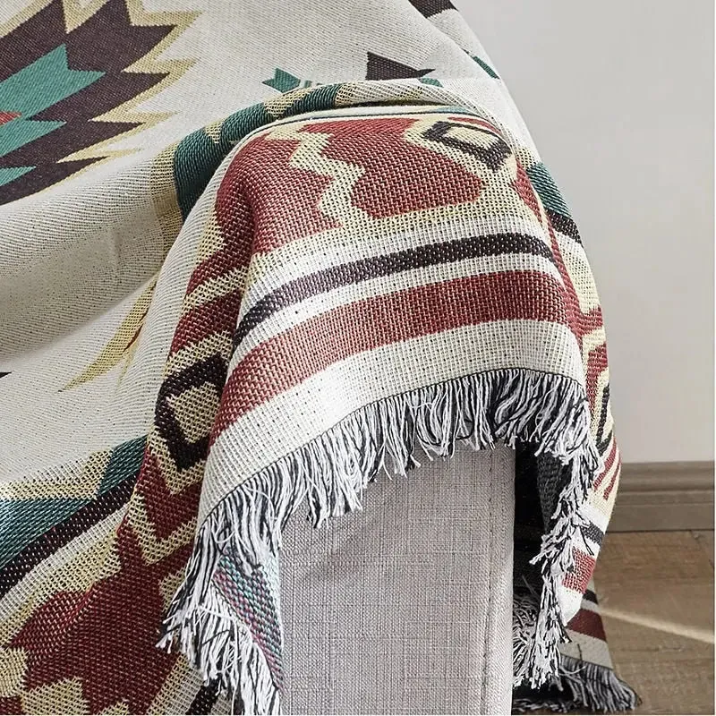 Ethnic Bohemian Striped Plaid Beach Picnic Blanket with Tassels - Versatile Outdoor Camping, Bed, Sofa, and Travel Rug