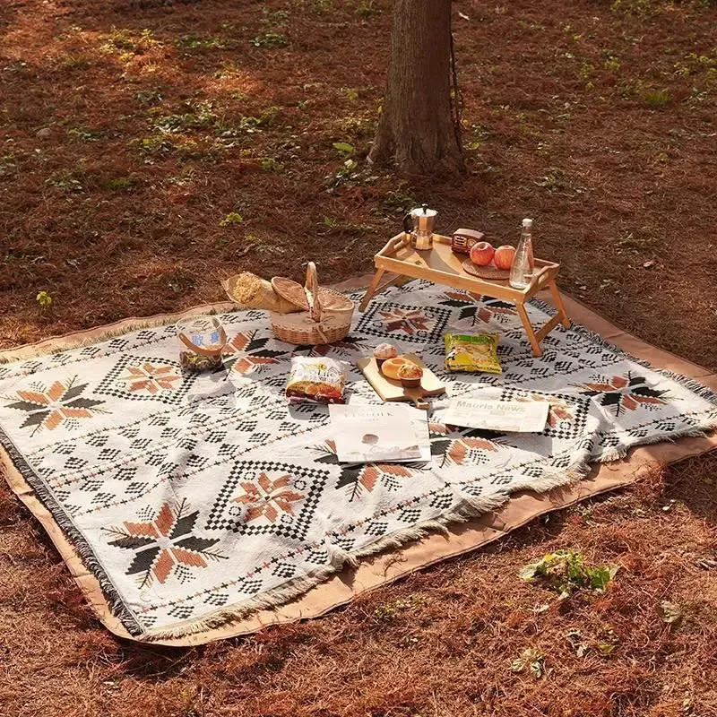 Ethnic Bohemian Striped Plaid Beach Picnic Blanket with Tassels - Versatile Outdoor Camping, Bed, Sofa, and Travel Rug