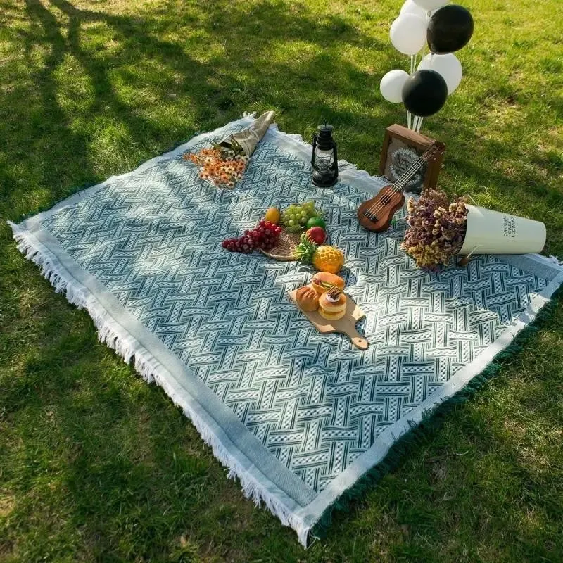 Ethnic Bohemian Striped Plaid Beach Picnic Blanket with Tassels - Versatile Outdoor Camping, Bed, Sofa, and Travel Rug