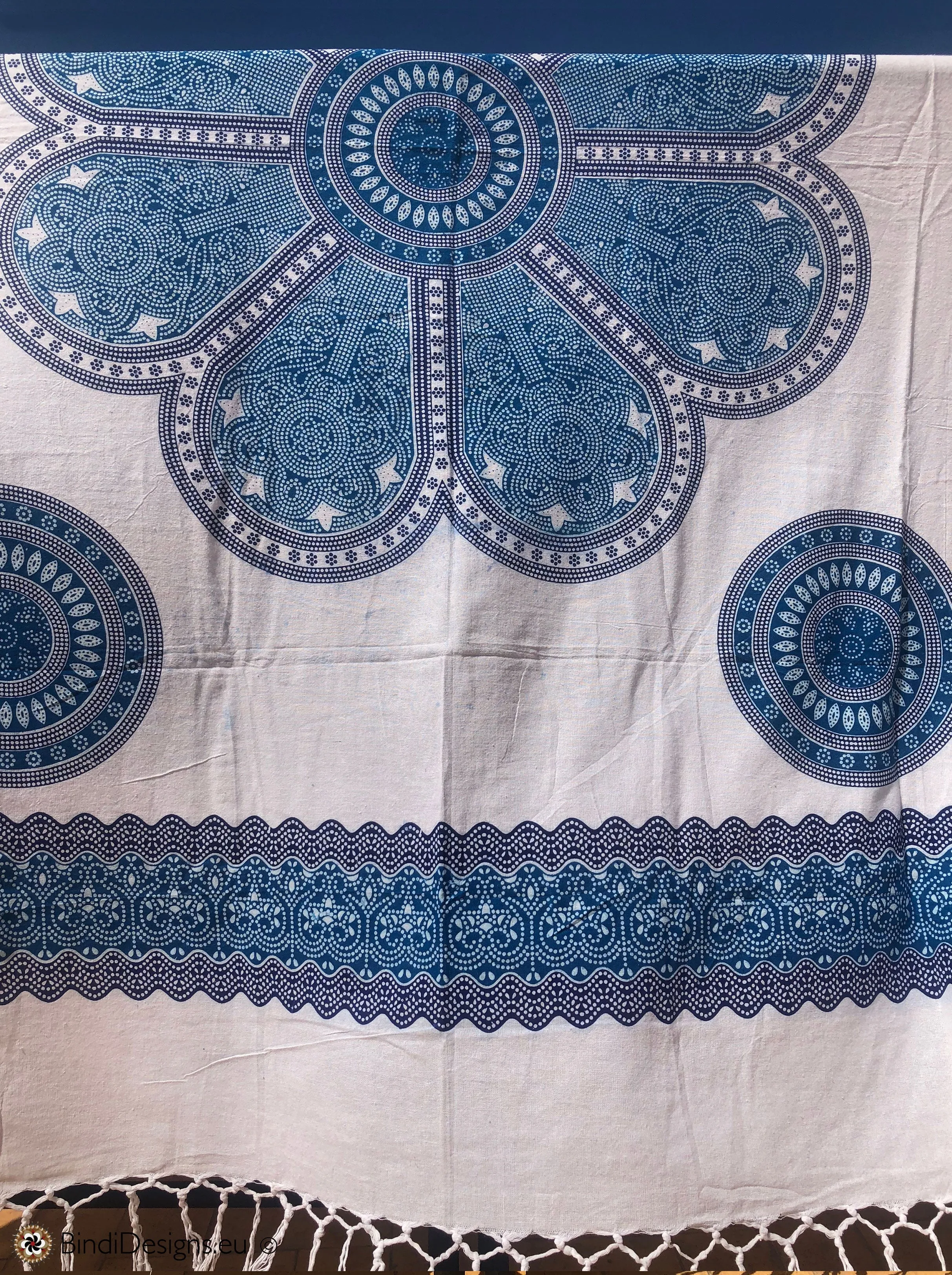 Extra Large Cotton Throw with tassels Blue Mandala Pattern