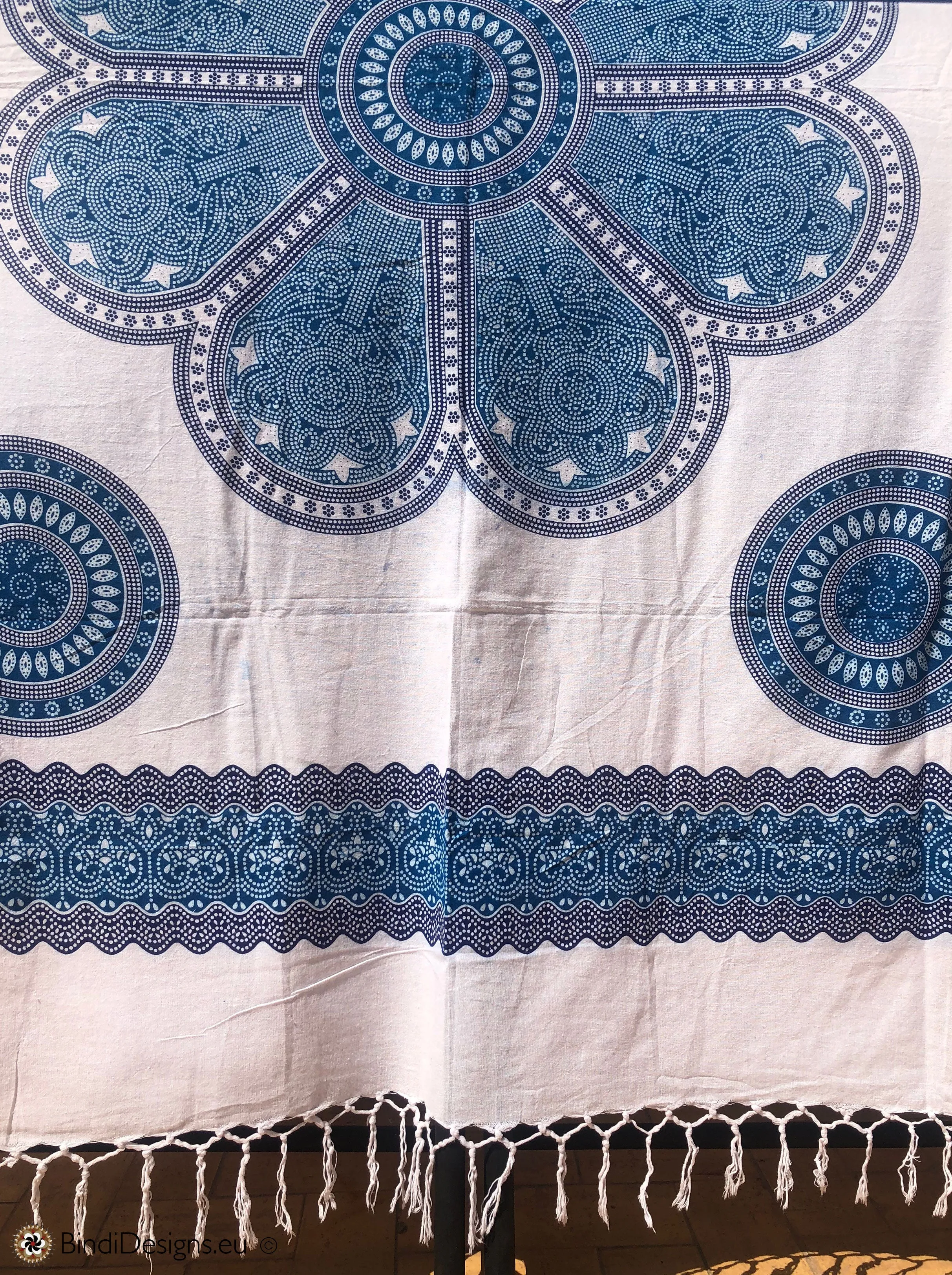 Extra Large Cotton Throw with tassels Blue Mandala Pattern