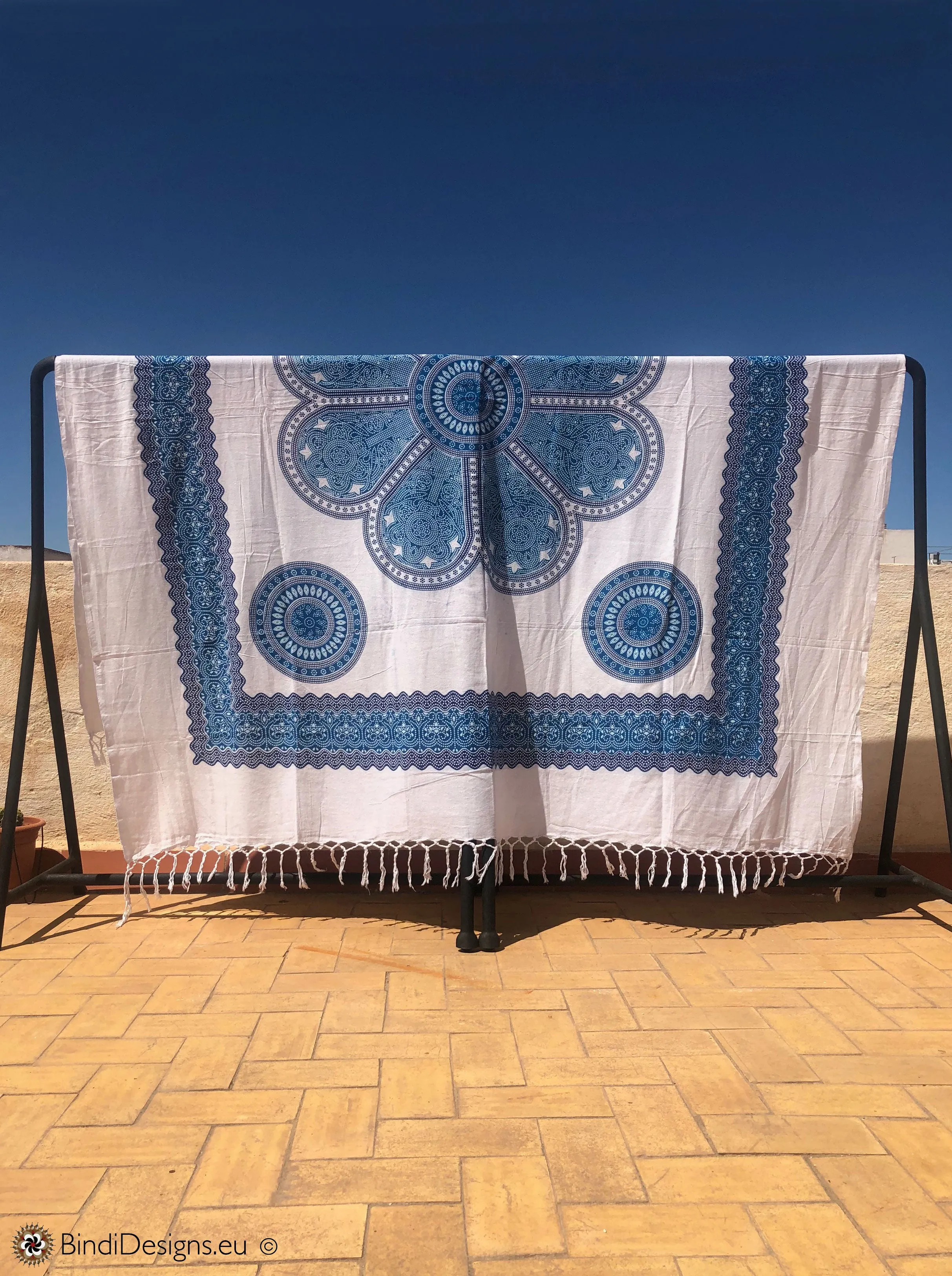 Extra Large Cotton Throw with tassels Blue Mandala Pattern