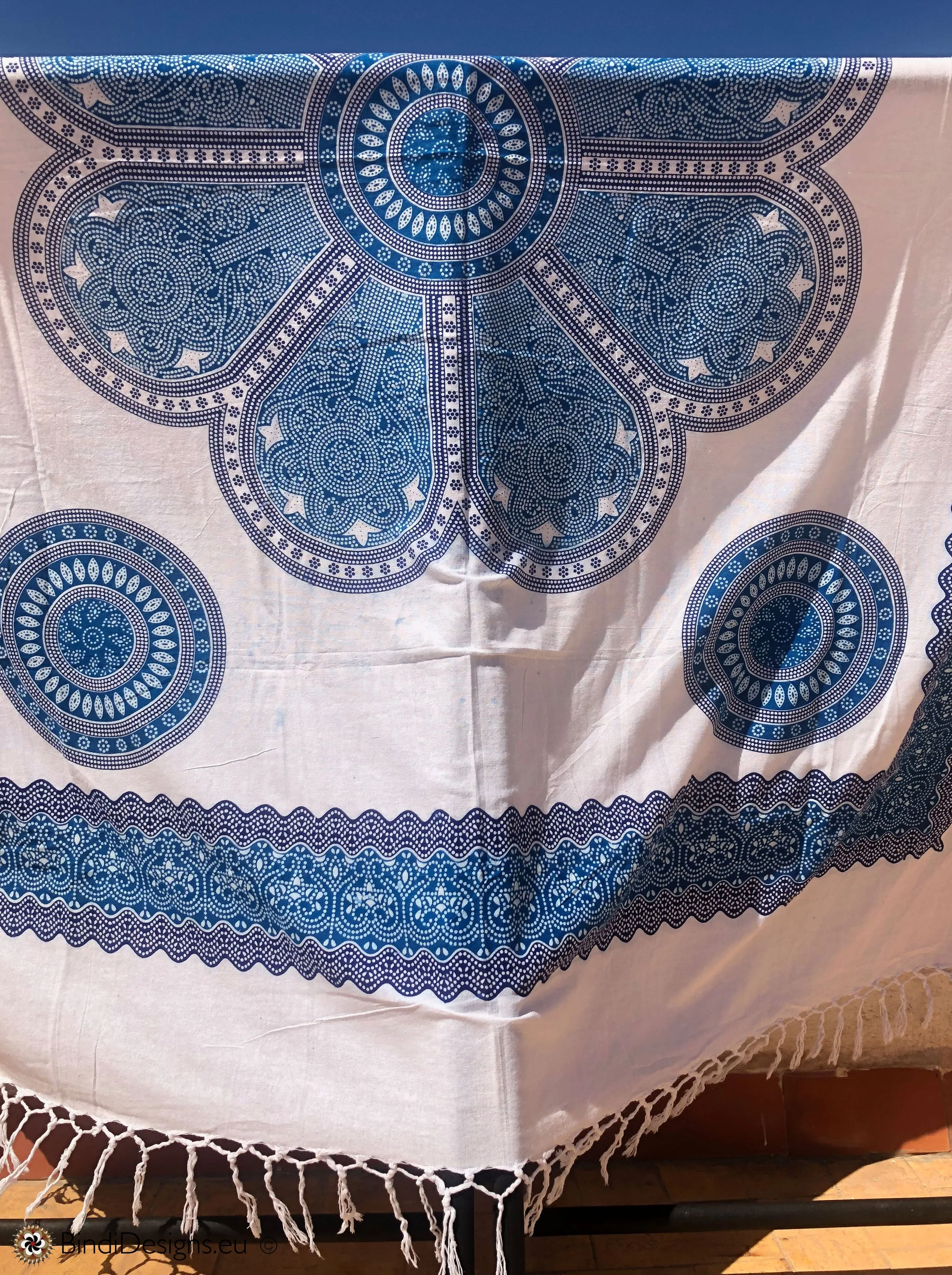 Extra Large Cotton Throw with tassels Blue Mandala Pattern