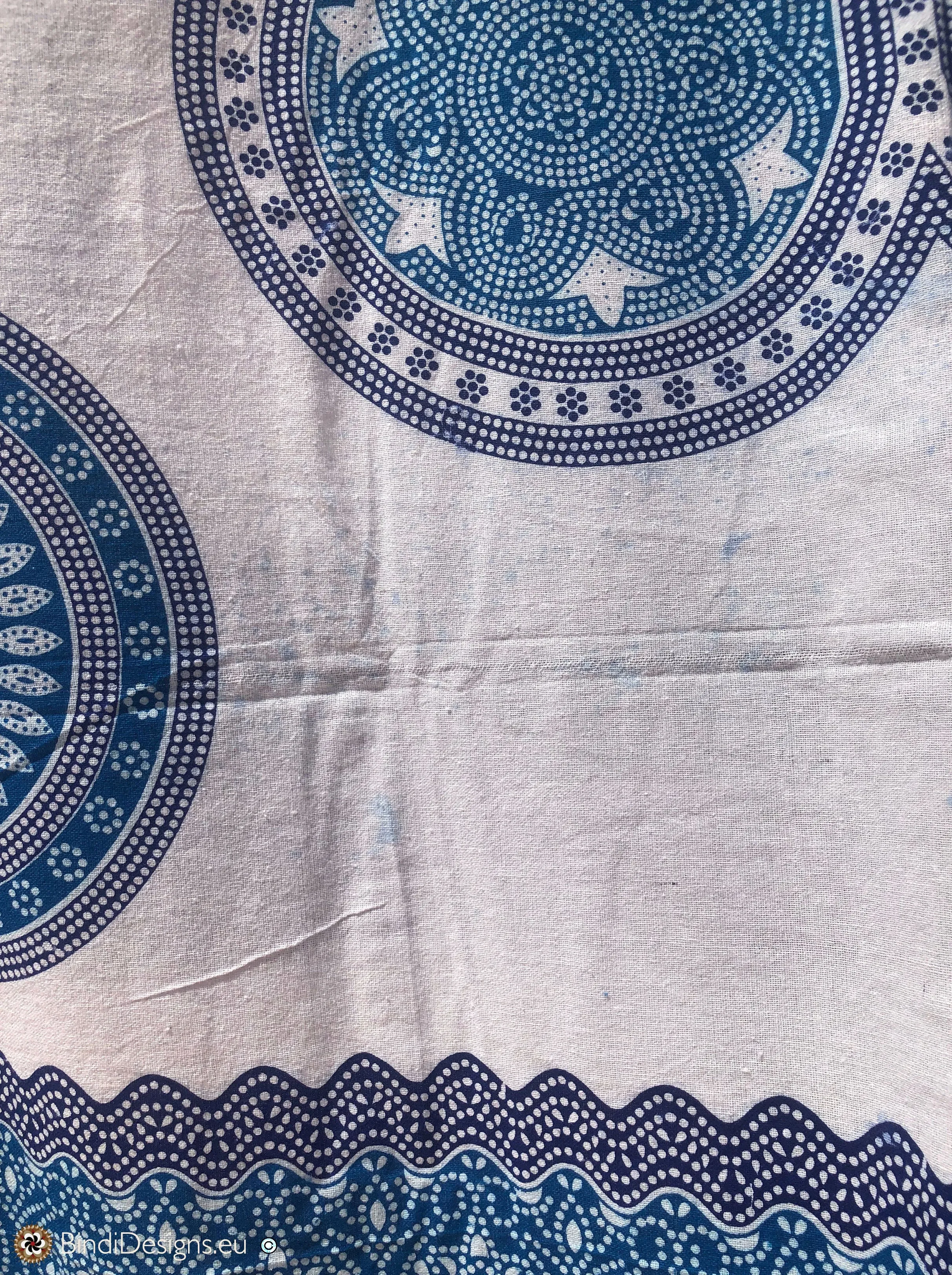 Extra Large Cotton Throw with tassels Blue Mandala Pattern