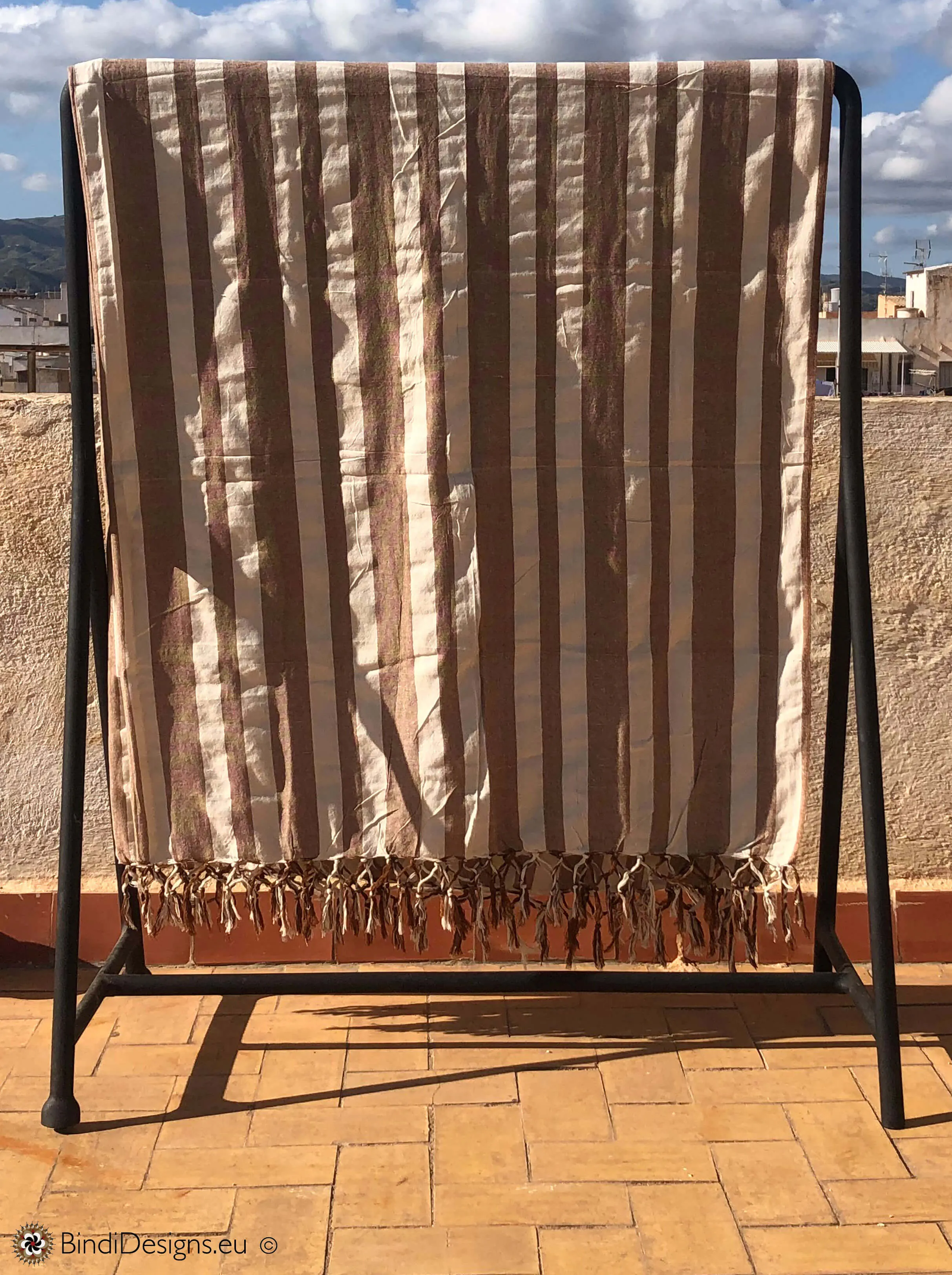 Extra Large Cotton Throw with tassels in Brown and cream stripe pattern