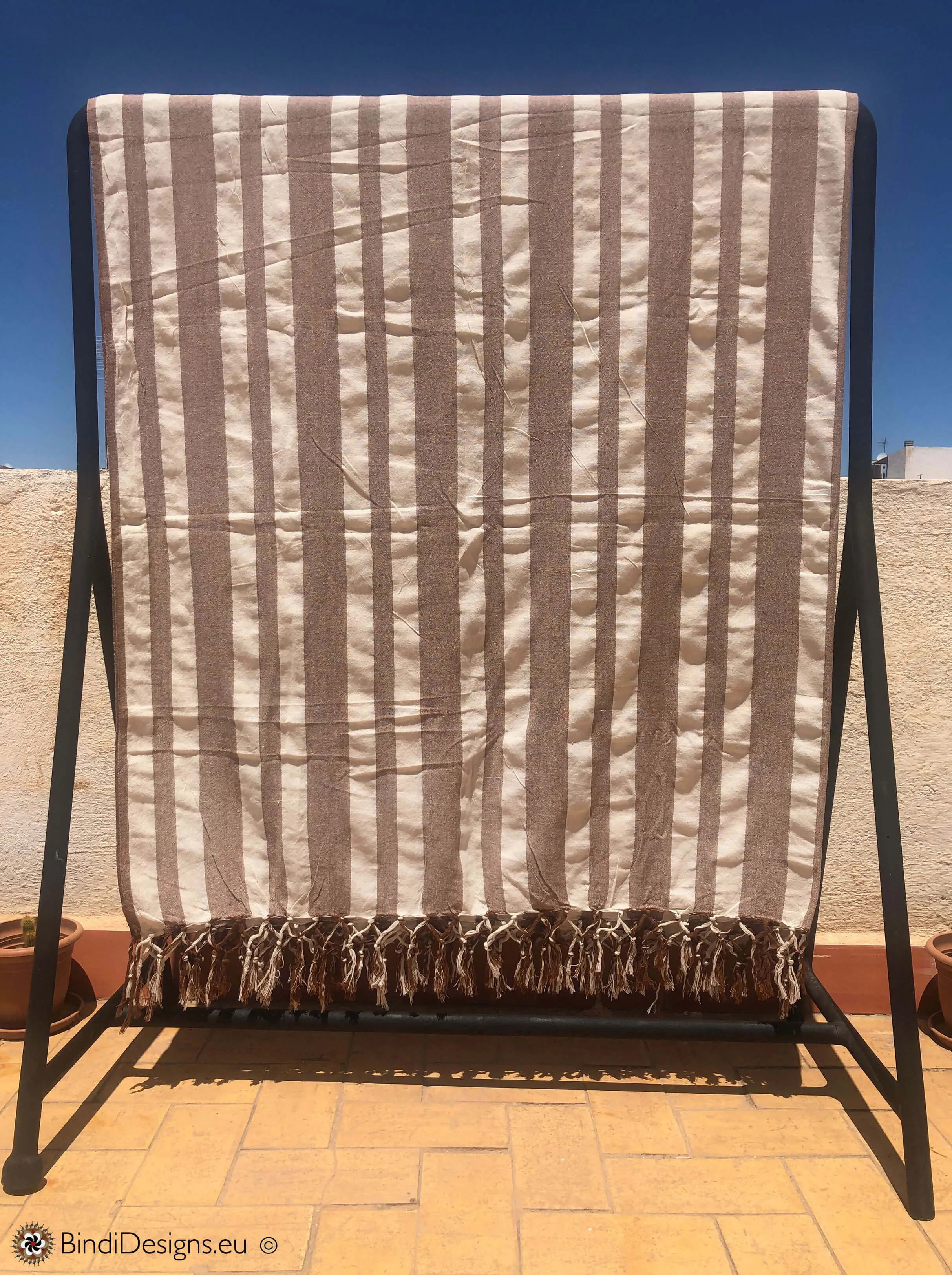 Extra Large Cotton Throw with tassels in Brown and cream stripe pattern