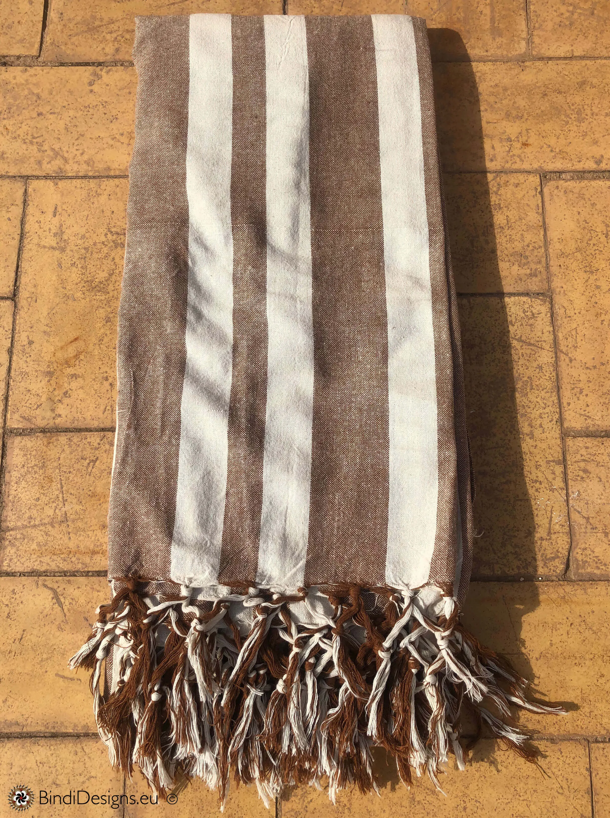 Extra Large Cotton Throw with tassels in Brown and cream stripe pattern