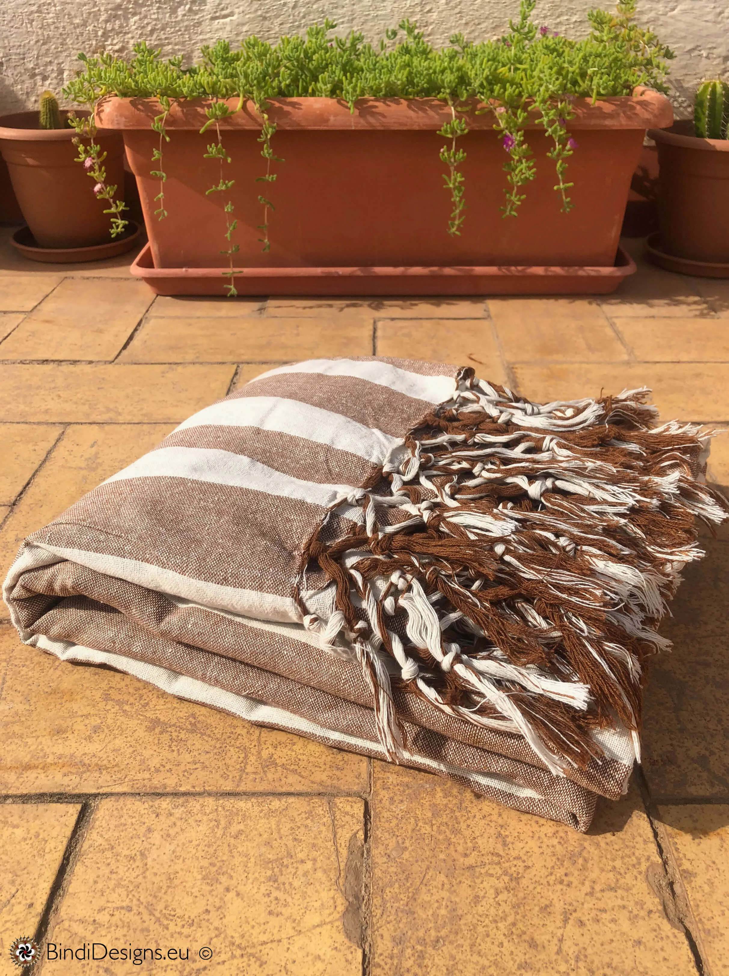 Extra Large Cotton Throw with tassels in Brown and cream stripe pattern