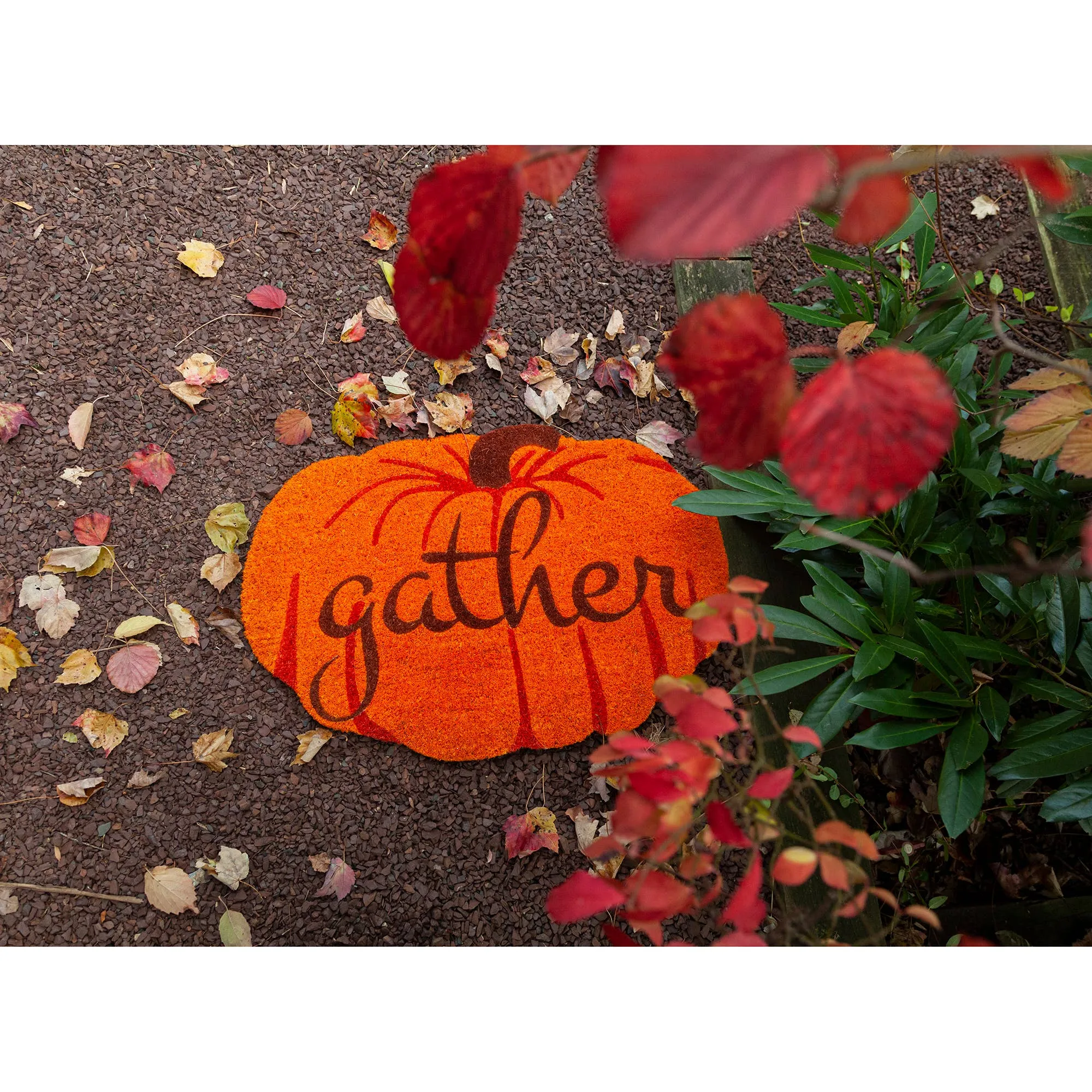 Gather Bright Pumpkin Entry Way Coir Mat, Handmade Welcome Mat