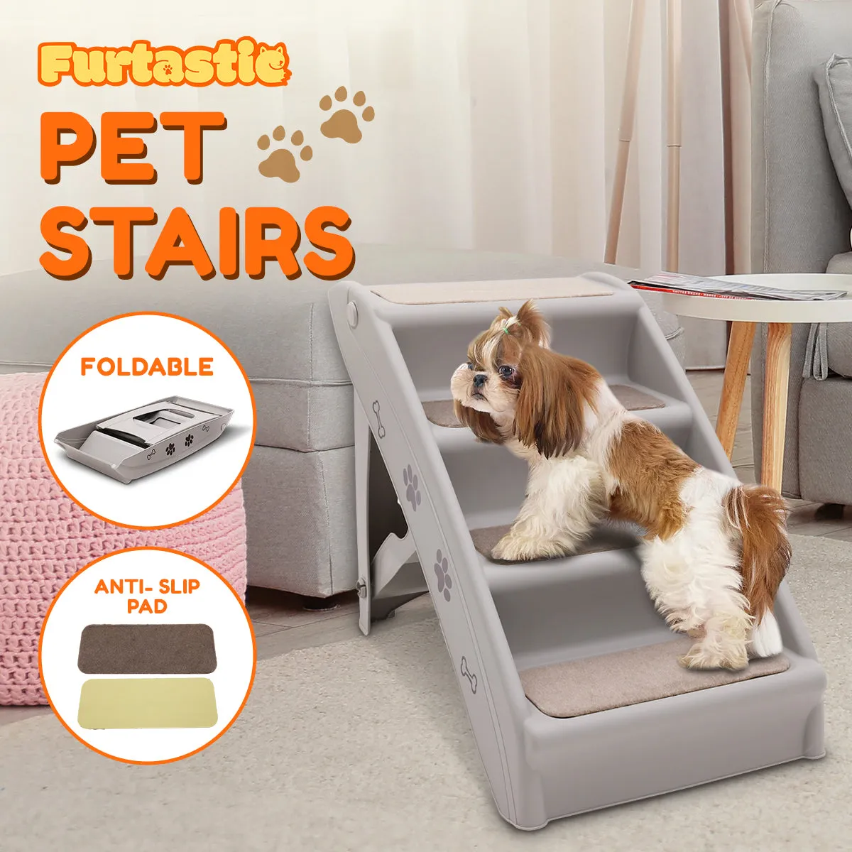 Gray Foldable 50cm Pet Stairs with Non-Slip Mat - Furtastic