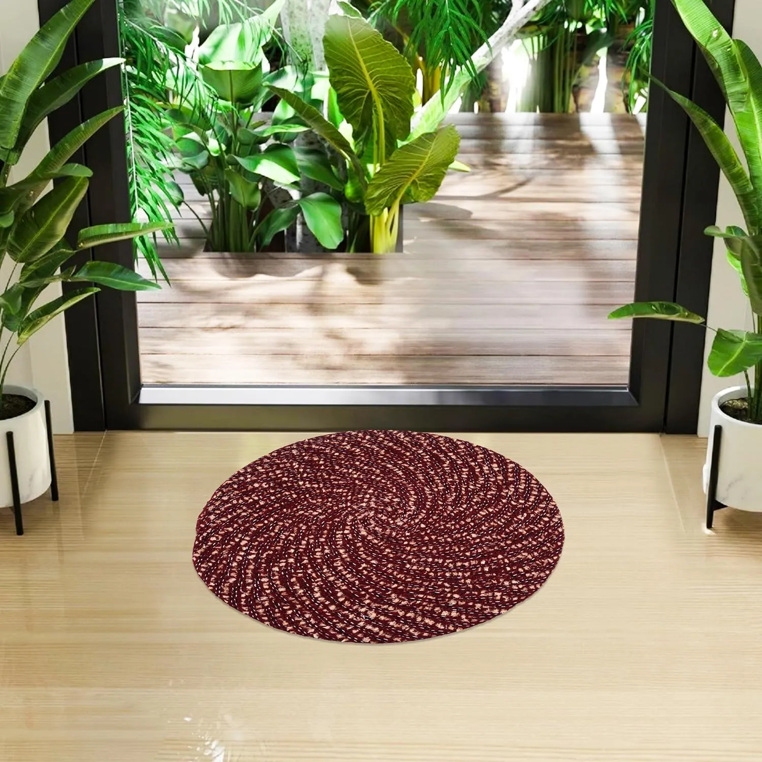 Heart Home Door Mat | Round Shape Feather Door Mat | Cotton Reversible Mat | Door Mat for Kitchen | Door Mat for Home | 16 Inch | Small | Pack of 2 | Maroon