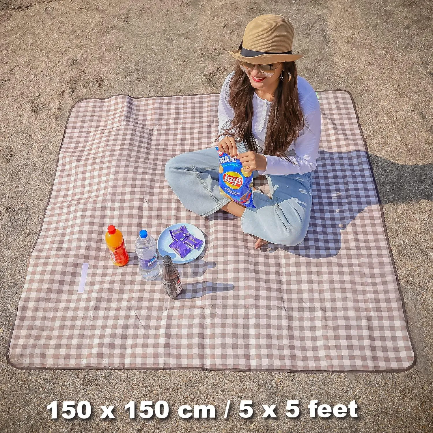 HOKIPO Foldable Waterproof and Sandproof Picnic Mat Blanket, Checks Brown