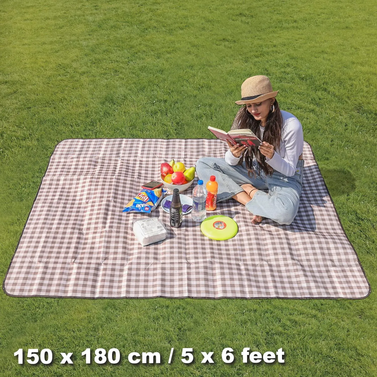 HOKIPO Foldable Waterproof and Sandproof Picnic Mat Blanket, Checks Brown