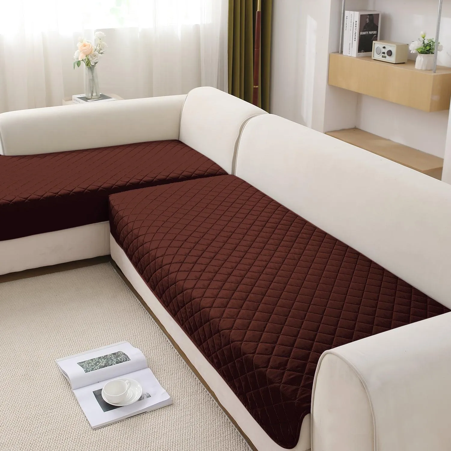 HOKIPO Waterproof Quick-Dry Sofa Mat Set for 3 2 L-Shape Sofa, Brown