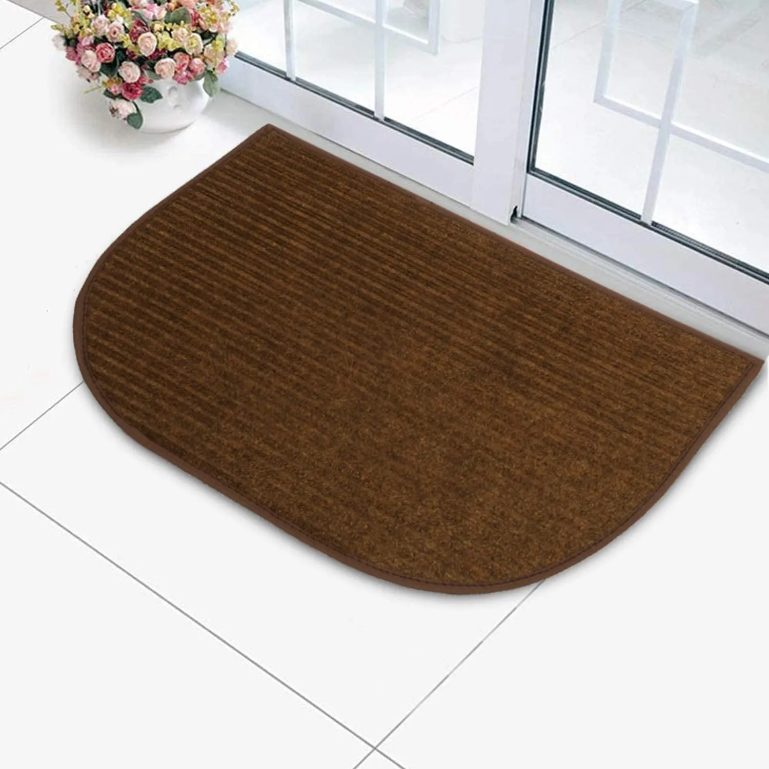 Kuber Industries D Shape Strips Design Microfiber Non-Slip Door Mat for Outdoor, Indoor 21 in. x 13 in. Pack of 3 (Brown)