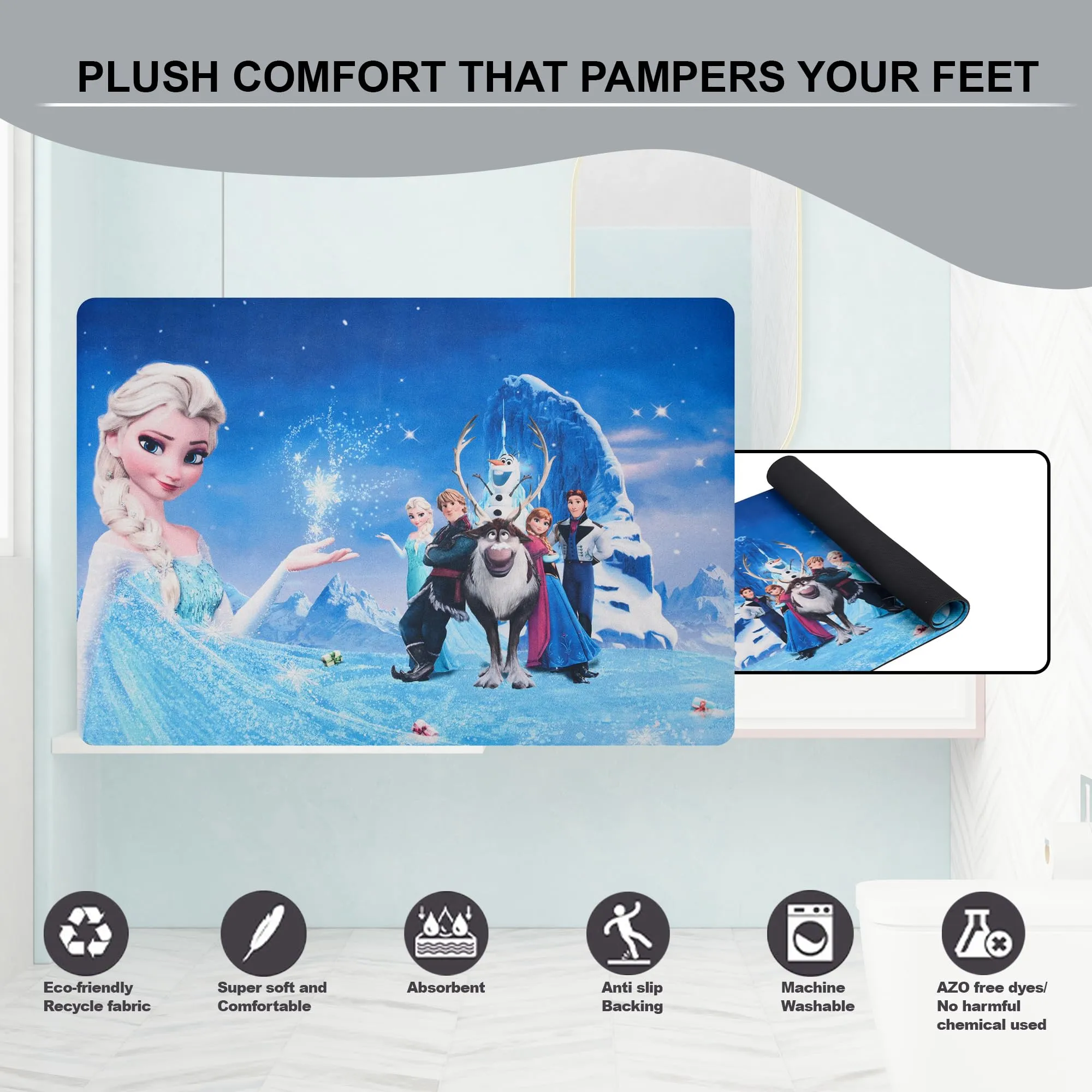 Kuber Industries Disney Frozen Bathmat | Anti Skid Door Mat | Super Absorbent Bath Mat | Rubber Floor Mat for Home | Quick-Drying Non-Slip Floor Mat | HY016 | Blue