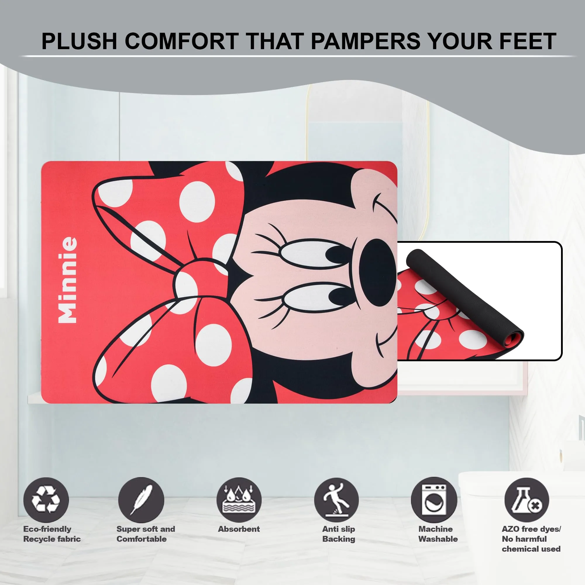 Kuber Industries Disney Minnie Bathmat | Anti Skid Door Mat | Super Absorbent Bath Mat | Rubber Floor Mat for Home | Quick-Drying Non-Slip Floor Mat | HY019 | Red