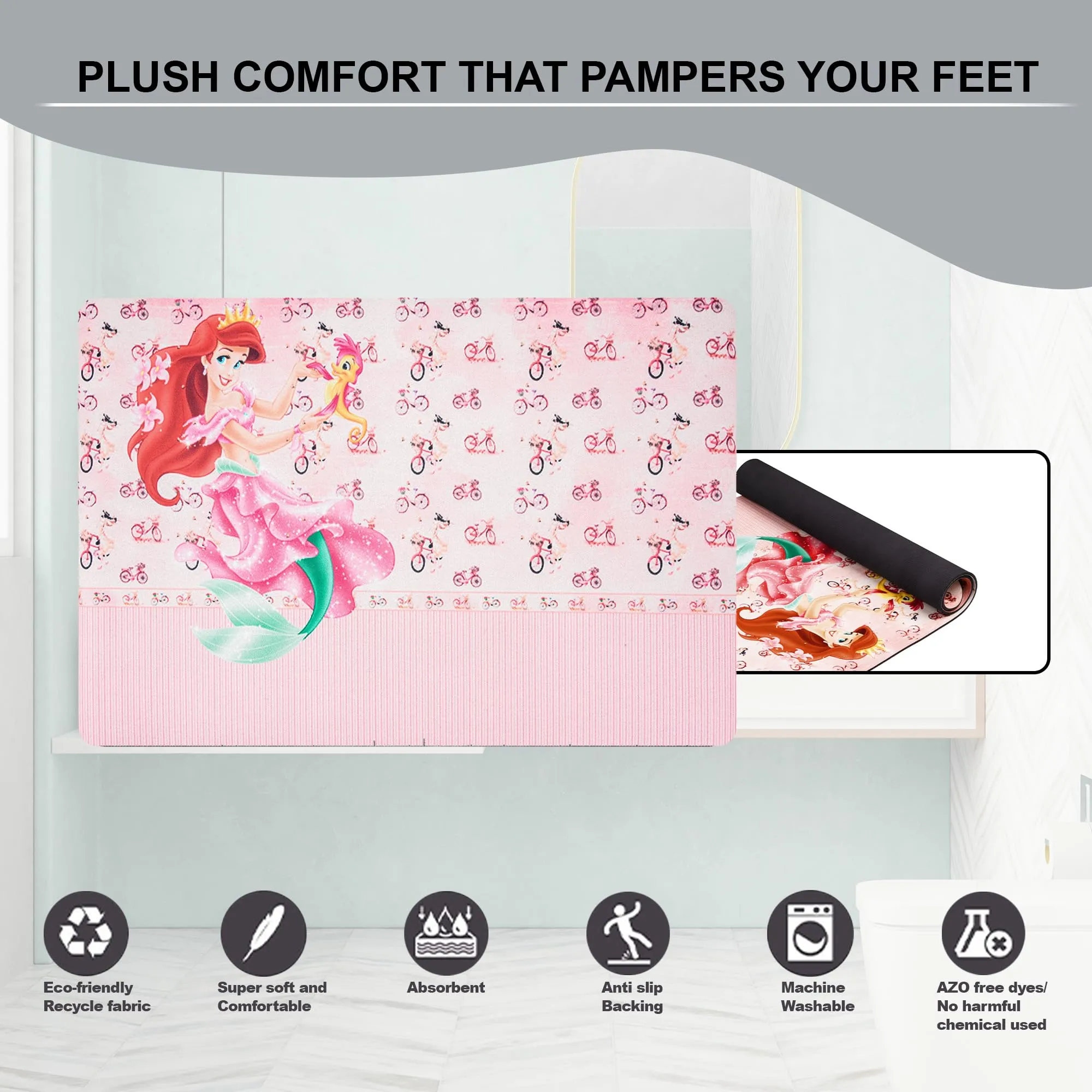 Kuber Industries Little Mermaid Bathmat | Anti Skid Door Mat | Super Absorbent Bath Mat | Rubber Floor Mat for Home | Quick-Drying Non-Slip Floor Mat | HY018 | Pink