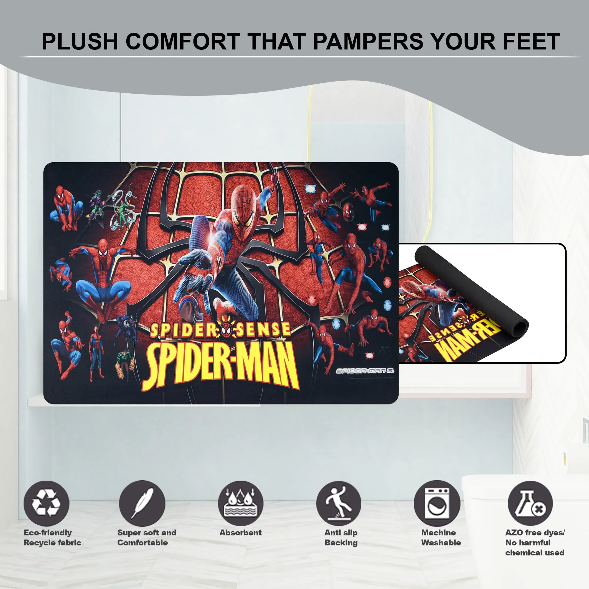 Kuber Industries Marvel Spiderman Bathmat | Anti Skid Door Mat | Super Absorbent Bath Mat | Rubber Floor Mat for Home | Quick-Drying Non-Slip Floor Mat | HY022 |Black & Blue