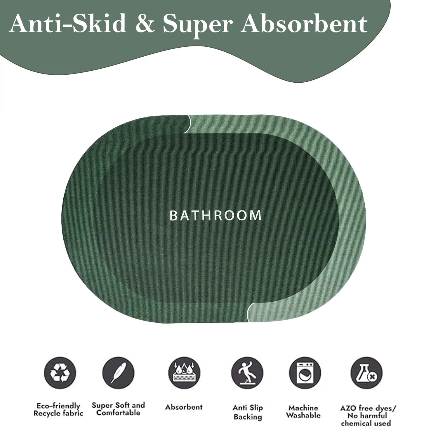 Kuber Industries Oval Bathroom Mat | Soft Anti Skid Bath Mat | Non Woven Floor Mat for Home | Non-Slip Mat for Shower-Bathtub | HY074 | Green