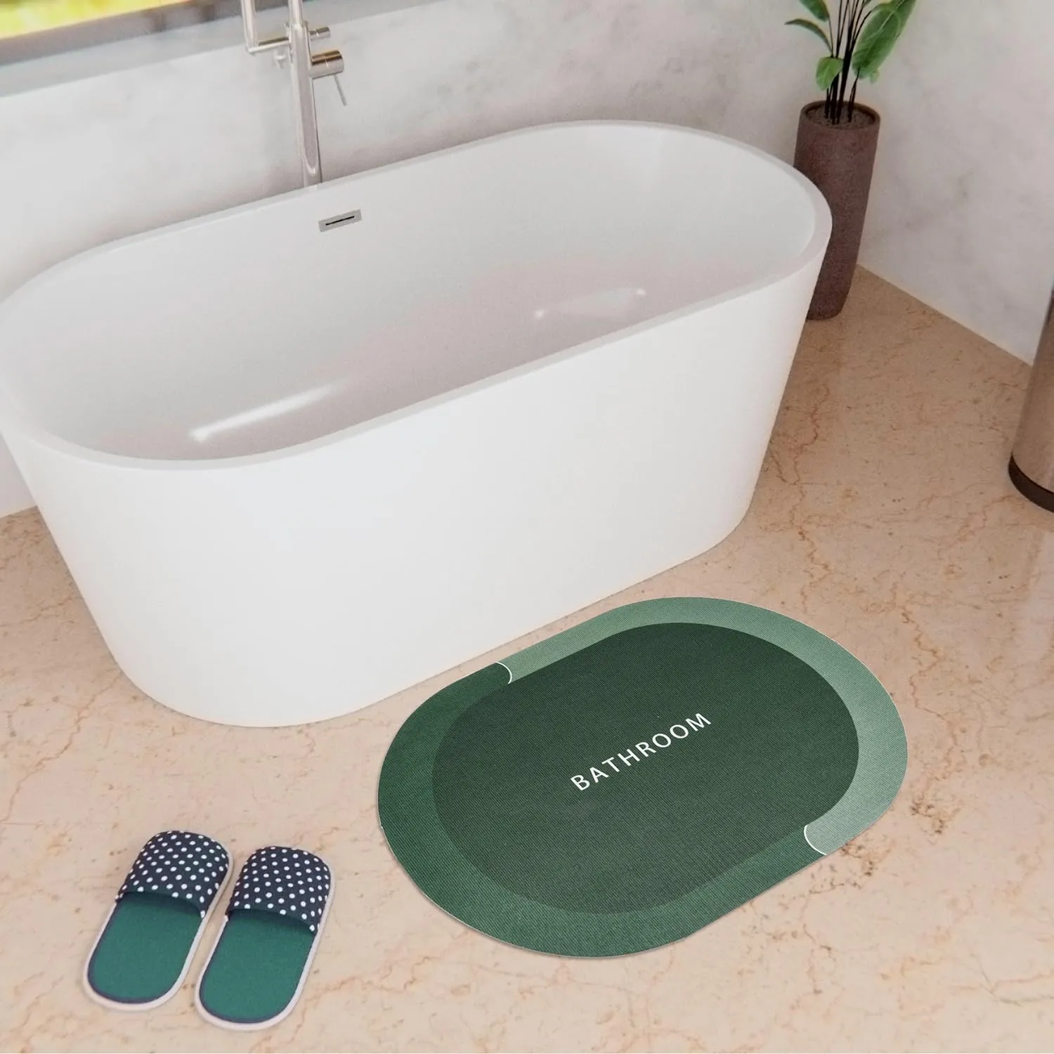 Kuber Industries Oval Bathroom Mat | Soft Anti Skid Bath Mat | Non Woven Floor Mat for Home | Non-Slip Mat for Shower-Bathtub | HY074 | Green