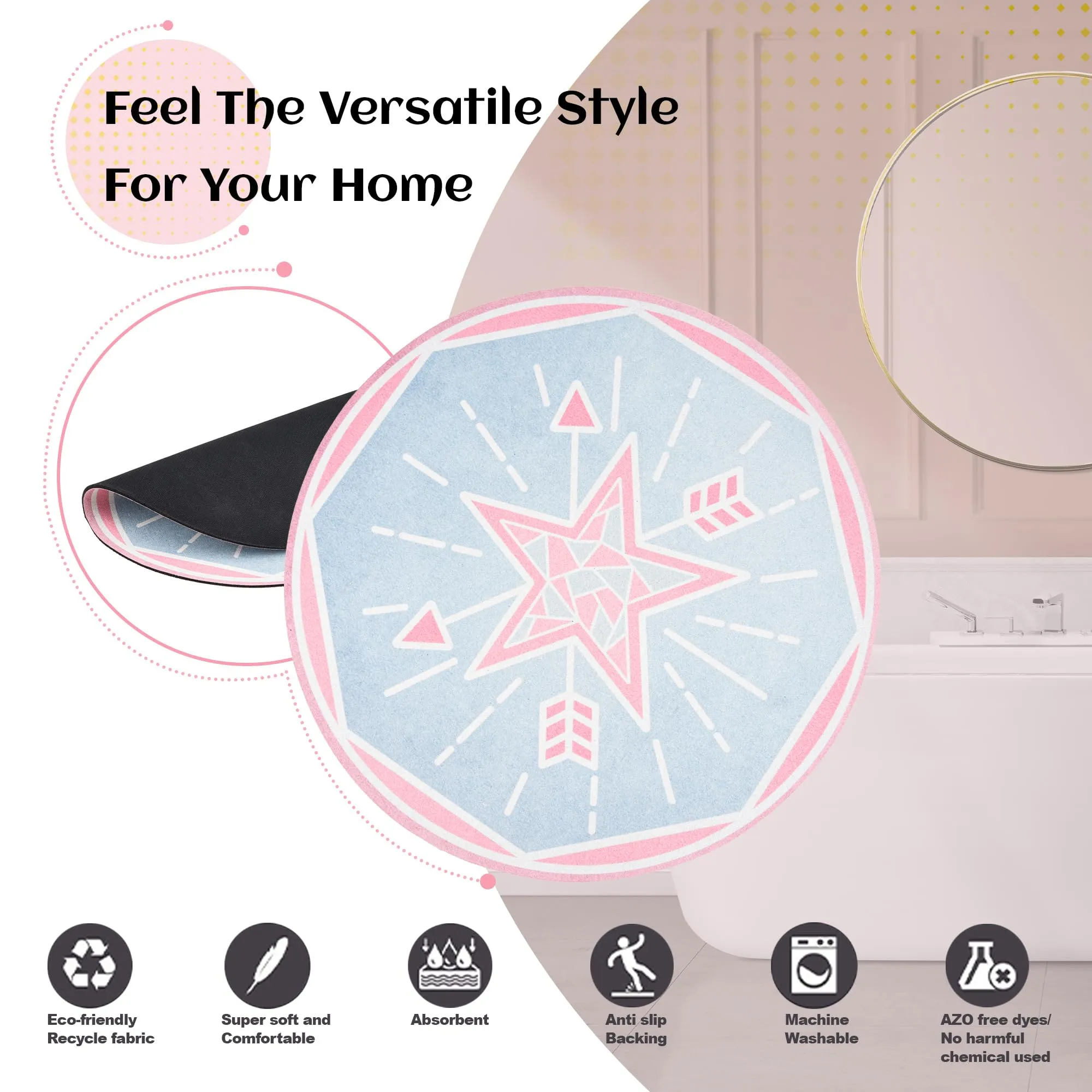 Kuber Industries Round Star Bathmat | Anti Skid Door Mat | Super Absorbent Bath Mat | Rubber Floor Mat for Home | Quick-Drying Non-Slip Floor Mat | HY028 | Pink