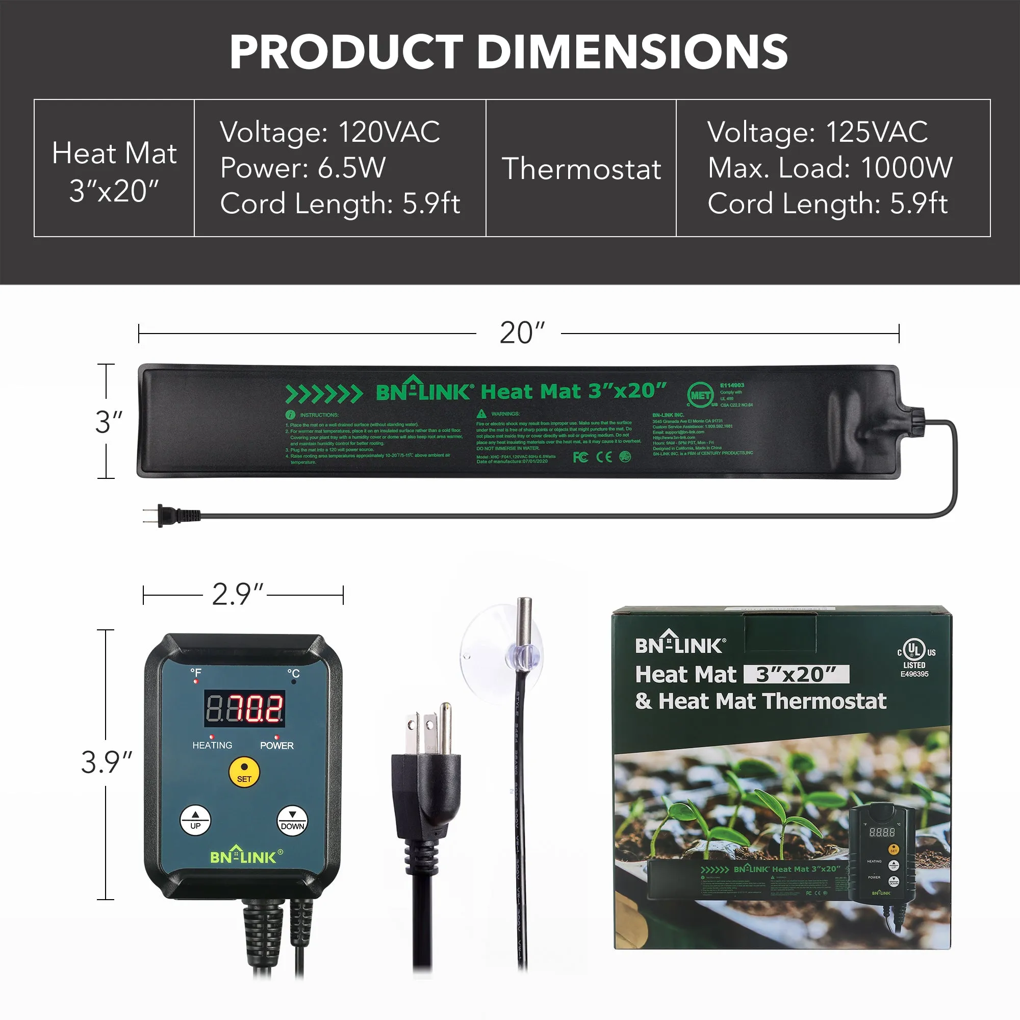 Seedling Heat Mat 3" x 20" with Heating Thermostat Outlet Controller BN-LINK