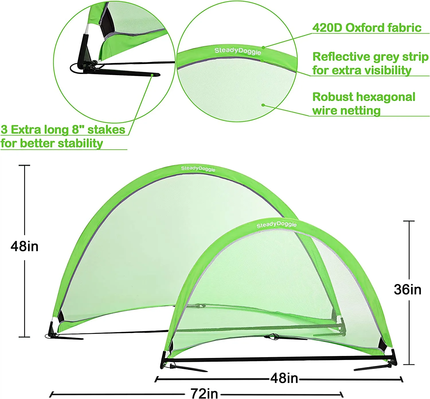 SteadyDoggie Soccer Goal Bundle 3pc (6 Foot) - Pop Up Football Nets Qty 2 - Nylon Wound