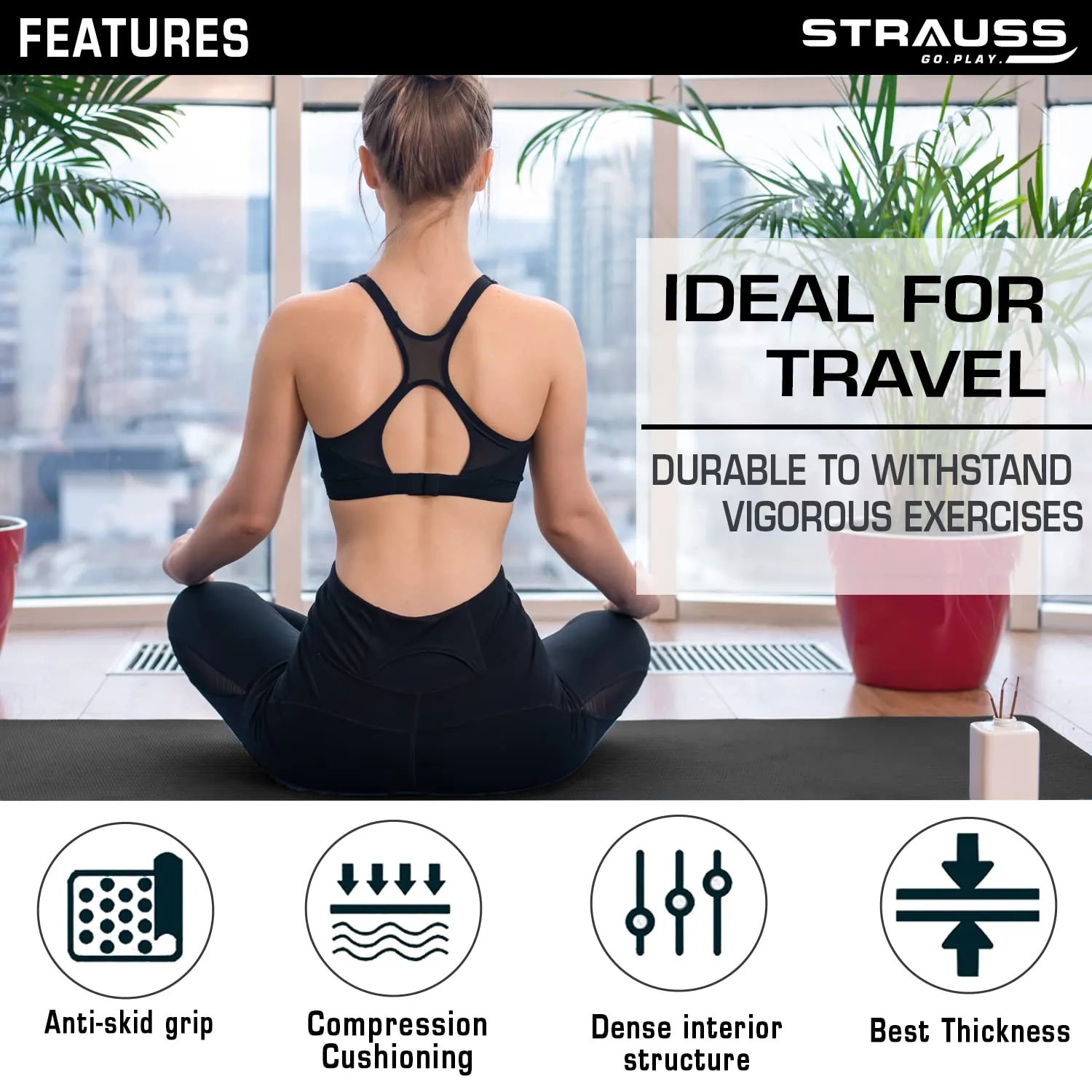 Strauss Anti Skid TPE Yoga Mat with Carry Bag, Exercise Mat for Yoga, Pilates & Gym| Lightweight Yoga Mat for Women and Men |Ideal for Home Gym Workout 8mm, (Black)