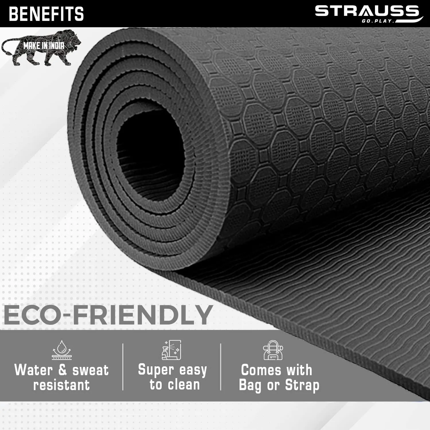 Strauss Anti Skid TPE Yoga Mat with Carry Bag, Exercise Mat for Yoga, Pilates & Gym| Lightweight Yoga Mat for Women and Men |Ideal for Home Gym Workout 8mm, (Black)