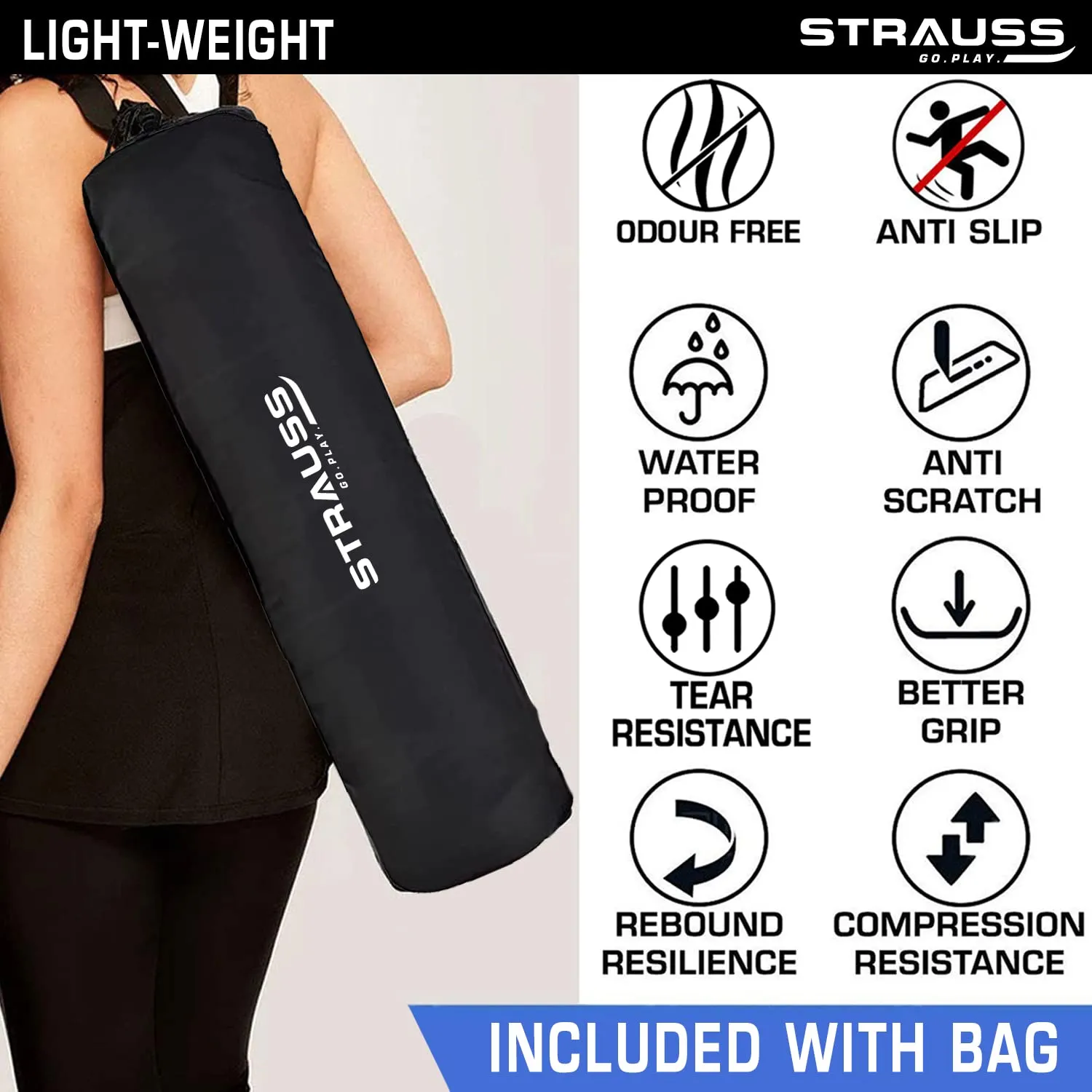 Strauss Anti Skid TPE Yoga Mat with Carry Bag, Exercise Mat for Yoga, Pilates & Gym| Lightweight Yoga Mat for Women and Men |Ideal for Home Gym Workout 8mm, (Black)