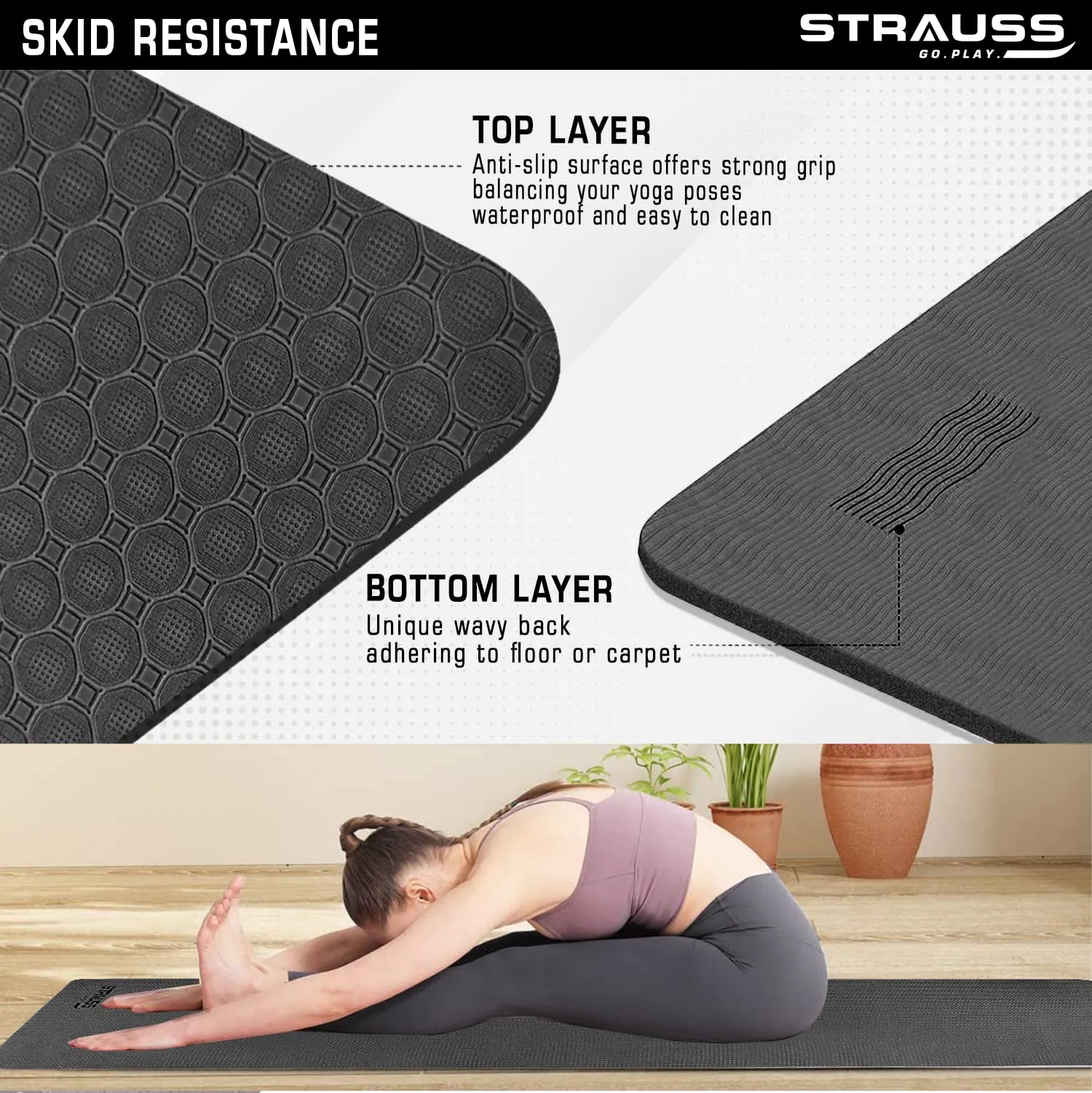 Strauss Anti Skid TPE Yoga Mat with Carry Bag, Exercise Mat for Yoga, Pilates & Gym| Lightweight Yoga Mat for Women and Men |Ideal for Home Gym Workout 8mm, (Black)